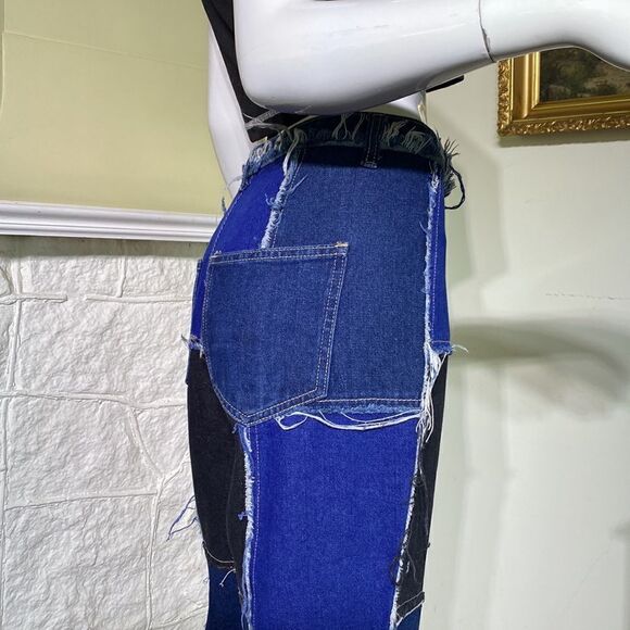 Shein Patchwork Distressed Black & Blue Denim High Waist Button Fly Flare Jeans - Picture 7 of 16